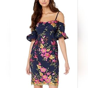 Trina By Trina Turk Embroidered Floral  Cold-Shoulder Mini Dress Size 4 Women's